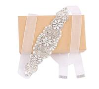 WEZTEZ Wedding Sash Pearl Belt with Satin Ribbon Handmade Crystal Bridal Belt Thin for Women formal Evening Dress Accessories, Silver-organza White, One Size