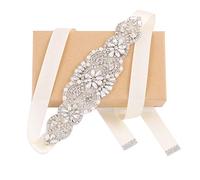 WEZTEZ Wedding Sash Pearl Belt with Satin Ribbon Handmade Crystal Bridal Belt Thin for Women formal Evening Dress Accessories, Silver-ivory, One Size