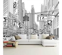 WFBHUA-New York City Wall Mural Black and White Building Wallpaper Murals Hand-Painted Street Scenes Living Room Bedroom-170 X110（Not Peel and Stick）