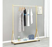 WFDERAN Modern Simple Heavy Duty Metal and Wood Rolling Clothing Garment Rack with Wheel,Creative Commercial Wedding Dress Display Shelf,Floor-Standing Clothes Hangers (Gold with Wood, 47.2" L)
