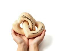WFE Personalised Interlocking Wooden Hearts Names Date Engraved Sculpture | Romantic 5th Wood Anniversary Wedding Gift for Couples Custom Wood Heart Sculpture with Names Date Home Décor