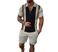 WFIAOUESS Men's Short Sets Outfits 2 Piece Summer Tracksuit Short Sleeve Zip Polo Shirt and Shorts Set Casual Beach Outfits (B8,XXL), Grey