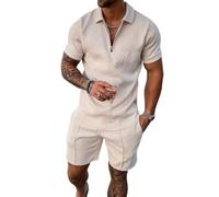 WFIAOUESS Men's Short Sets Outfits 2 Piece Summer Tracksuit Short Sleeve Zip Polo Shirt and Shorts Set Casual Beach Outfits, A1, Medium