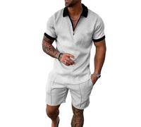 WFIAOUESS Men's Short Sets Outfits 2 Piece Summer Tracksuit Short Sleeve Zip Polo Shirt and Shorts Set Casual Beach Outfits, B13, Large
