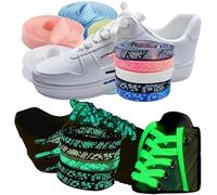 WFJ Glow In The Dark Shoe Laces 47" (120cm) Luminous All Sports Thick Flat Laces Fluorescent Shoestrings, Blue With Glow Symbols + Black With Glow Symbols, 120