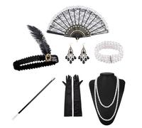 WFKKMEQ 1920s Accessories for Women, 7PCS Great Gatsby Accessories Set 20s Costume Fancy Dress 1920s Fashion Headband with Headband Headpiece, Gloves, Bracelet, Necklace, Earrings, Fan for Carnival