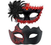 WFKKMEQ Couple Masquerade Masks, Venetian Ball Masks for Couples, Venetian Party Mask Plastic Halloween Costume Carnival Mask for Couples Women and Men - 2pc Red