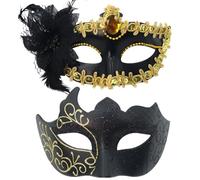 WFKKMEQ Couple Masquerade Masks, Venetian Ball Masks for Couples, Venetian Party Mask Plastic Halloween Costume Carnival Mask for Couples Women and Men - 2pc Golden