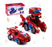 WFKKMEQ Dinosaur Transforming Car, Dinosaur Toy Car with Flashing Lights and Sound Electric Transfor Cars Toys Dino Vehicles Toys Gifts for Kids Birthday, Halloween, Christmas(Red)