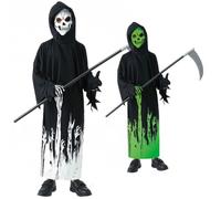 WFKKMEQ Grim Reaper Costume, Halloween Glow in the Dark Grim Reaper Costume, Halloween Scary Kids Outfit Set, Grim Reaper Cloak, Gloves, Sickle Cosplay - 2XL/150 Oversized E