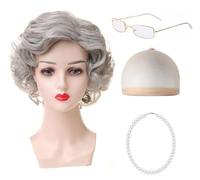 WFKKMEQ Old Lady Wig Costume, Old Lady Fancy Dress Set Granny Wig Cap Old Man Costume Accessories with Wigs, Chain Wigs Cap, Glasses, Necklace for World Book Day Masquerade Carnival