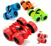 WFKKMEQ Pull Back Car Toys, 360° Rotation Off-road Friction Powered Vehicle Toy, 4 PCS Inertia Double Sided Friction Power Car, Rubber Wheels Cars Toys for 3-7 Years Old Kids Birthday Gifts