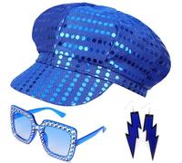 WFKKMEQ Sequin Hat, 3PCS 70s Abba Accessories Set Glitter Hat Abba Cap Fancy Dress Costume Accessories 1970s Disco Fancy Dress Set with Sequins Cap Sunglasses Earrings for Carnival Party Dance(Blau)