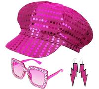WFKKMEQ Sequin Hat, 3PCS 70s Abba Accessories Set Glitter Hat Abba Cap Fancy Dress Costume Accessories 1970s Disco Fancy Dress Set with Sequins Cap Sunglasses Earrings for Carnival Party Dance(Rosa)