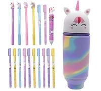 WFKKMEQ Unicorn Pencil Case, 2-in-1 Silicone Pencil Pouch, 12PCS Erasable Gel Pens 10 in 1 Ballpoint Pens, 4PCS Gel Ink Pens, Pen Case Stretchable Pen Holder Stationery Organizer for School Supplies
