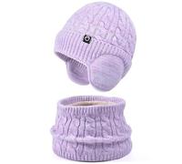 WFKKMEQ Winter Hat and Scarf Set, 2 Pcs Kids Winter Beanie Hat Scarf Set Warm Thermal Knitted Beanie Cap Snood Neck Accessories Sets for Children Outdoor Sports for Girls Age 4-10 (Purple)
