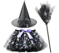 WFKKMEQ Witch Costume, Halloween TuTu Skirt Suit Costumes Set with Witch Hat Tutu Skirt Broom Magic Fancy Dress Cosplay Outfit Accessories for Kids Halloween Carnival Party Dress up Cosplay (Black)