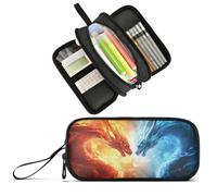 Wfrish Red Dragon Fire Blue Large Capacity Pencil Case, 3 Compartments Pen Pouch Organizer for School College Office, Zippers Big Pencil Bag for Teens Adults Girls Boys Makeup
