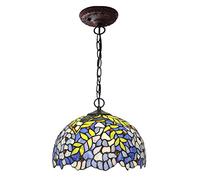 WFRUEDWC Style Wisteria Blue Green Stained Glass Pendant Light Adjustable Metal Suspension Chain Hanging Lamp 30cm/12 Inches Lampshade Ceiling Pendant Light for Dining Room Living Room Hallway