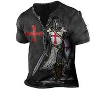 WFSWG Men's Knight Templar 3D Print Short Sleeve T-Shirt Distressed Shirt V-Neck Button Up Shirt Retro Biker Motorcycle Distressed Tops, L