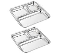 WG inc 2-Pack Stainless Steel Premium Divided Plates, 3 Compartment Dinner Plates 25 CM Square Camping Dishes, Metal Sectional Trays for Adults, Kids & Children, Dishwasher Safe