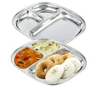 WG inc Stainless Steel Compartment Plates, 2 Pack, 3 in 1 Section Divided Dinner Plates, Indian Metal Reusable Dishes, Portion Control Lunch Mess Trays for Adults, Kids, Outdoors, Camping