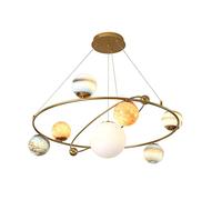 WGFJKI 7-Light Glass Chandelier Lighting Gold Round Pendant Light Fixtures with Colorful Glass Globe Shade Nordic Style Planet Chandelier Hanging Light for Kid Room Living Dining Room