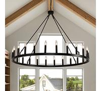WGFJKI Farmhouse Wagon Wheel Chandelier with 24 Lights Adjustable Chain Black Rustic Light Fixture for Foyer Entryway Living Room 48in
