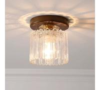WGFJKI Minimalist Clear Stripe Glass Bedroom Ceiling Lamp Nordic Brass Hallway Semi Flush Mount Ceiling Light Retro Walnut Wood Cylindrical Gold Study Chandelier for Balcony Stairs Aisle(R