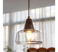 WGFJKI Retro Kitchen Island Lighting Nordic Walnut Wood Hanging Lamp Clear Glass Shade, Solid Wood Pendant Light 1-light E14 Brushed Brass Chandelier, Height Adjustable
