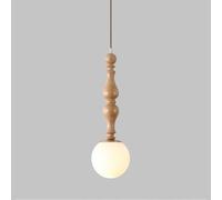 WGFJKI Rustic Wood Pendant Light Retro Globe Glass Pendant Lamp, Solid Wood Kitchen Island Lighting, Adjustable Cord Hand-blown Milk White Glass Chandelier, Thick Brass Finish Canopy