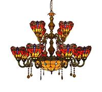 WGFJKI Style Multi-Head Chandeliers Double Layer Stained Glass Shade LED Ceiling Light E27-12 Lights Crystal Pendant Lighting Fixtures for Bedroom Living Room Decoration