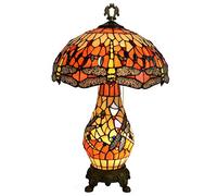 WGFJKI Style Red Dragonfly Chandeliers, 3 Light, Stained Glass Ceiling Light Fixtures with 16 inch Shade, Vintage Crystal Beads Decoration Pendant Hanging Lamp for Living Room Bedroom,tablelamp