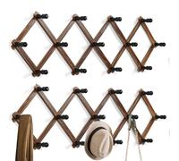 WGFKVAS 2 Pack Accordion Wall Hanger, Expandable Wooden Coat Rack Wall Mounted, Hat Rack Hat Hanger for Caps, Coats, Mugs, 13 Hooks, Walnut Color