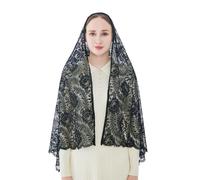 Wgior Elegant Floral Catholic Church Veil, Soft Mantilla Chapel Prayer Scarf Wrap Shawl Headscarf, Black, Medium