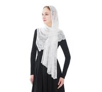 Wgior Elegant Floral Catholic Church Veil, Soft Mantilla Chapel Prayer Scarf Wrap Shawl Headscarf, White, Medium