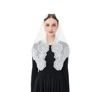Wgior Embroidered Chapel Veil with Sacred Virgin and Child Design, Triangular Mantilla Veils Catholic for Church Mass, White, Medium