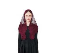 Wgior Embroidered Chapel Veil with Sacred Virgin and Child Design, Triangular Mantilla Veils Catholic for Church Mass (Burgundy)
