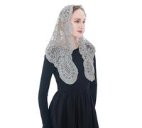 Wgior Embroidered Triangle Catholic Church Mantilla Veils Floral Lace Scarf Shawl Mass Chapel Veil, Gray, Medium