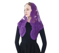 Wgior Embroidered Triangle Catholic Church Mantilla Veils Floral Lace Scarf Shawl Mass Chapel Veil, Purple, Medium