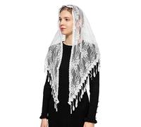 Wgior Triangle Floral Lace Catholic Church Veil Latin Mass Head Covering Scarf Chapel Veils Mantilla - white - Large