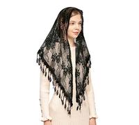 Wgior Triangle Floral Lace Catholic Church Veil Latin Mass Head Covering Scarf Chapel Veils Mantilla - black - Large