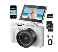 WGM 5K Digital Camera,7500MP HD Photography Camera,with 180° Flip Screen,HD WiFi Compact Camera with Flash,18X Digital Zoom,32GB TF Card & 2 Batteries,for Teens,Students,Vlogging,Travel(White