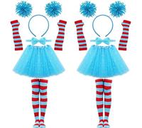 WGOCAUK 10 PCS World Book Day Thing Costume - Include Blue Pom Pom Headbands Tutu Skirt Bowtie Striped Gloves and Knee Socks for 101 Days of School Dress Up