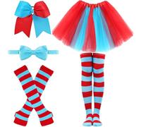 WGOCAUK 5 PCS World Book Day Thing Costume - Include Red Blue Large Bows Hair Ties Tutu Skirt Bowtie Striped Gloves and Knee Socks for 101 Days of School Dress Up