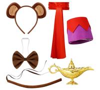 WGXX Set of 6 Halloween Monkey Costume Set and Adult Costume Accessory Including Monkey Ears Headband with Hat Hairclip Bowtie Tail Long Red Sash Magic Genie Lamp for Cosplay Party Supplies
