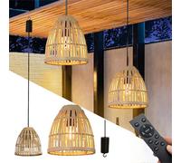 wgzixezn Battery Operated Pendant Light Boho Battery Chandelier Outdoor Battery Operated Hanging Pendant Light with Remote Control,Bohemian Rattan Woven Chandelier Fixture for Garden Gazebo Farmhouse