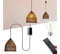 wgzixezn Battery Operated Pendant Light Boho Battery Chandelier Outdoor Battery Operated Hanging Pendant Light with Remote Control,Bohemian Rattan Woven Chandelier Fixture for Garden Gazebo