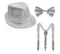 Whakano Glitter Outfit Men's Set of 3, 70s Sequin Costumes, Men's Hat, Bow Tie, Braces, Disco Party Accessories, Fancy Dress Accessories for Carnival Theme Party, Dance Performance, Silver