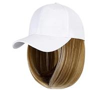 Whakano Hat Wig, Baseball Cap with Wig, Hat with Hair, Hats with Hair Extensions, Wig Caps One-Piece, Hair Cap for Carnival & Theme Party, Halloween, Christmas Party, White Linen